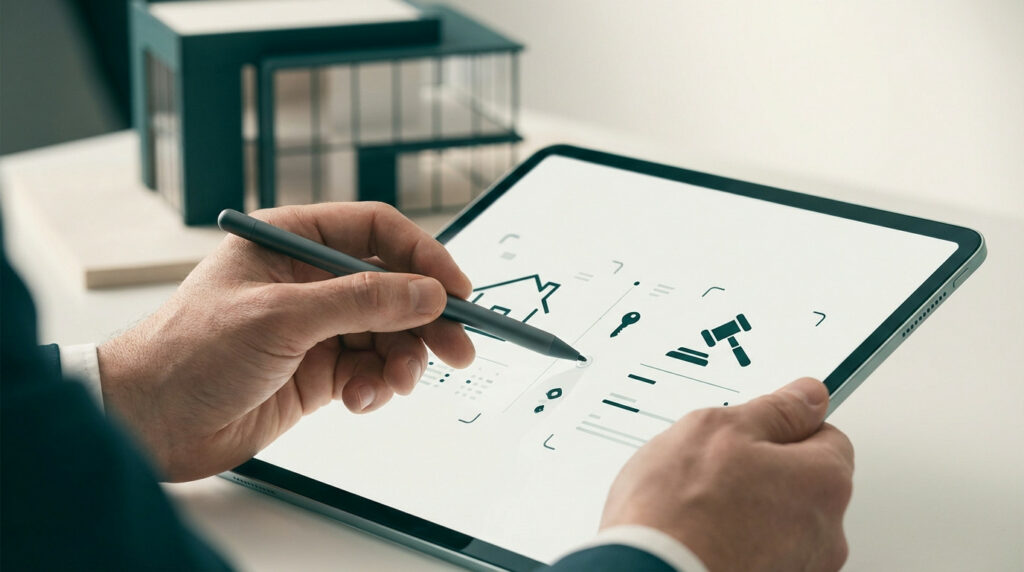 Mains interagissant avec une tablette affichant des icônes immobilières (maison, clé, marteau d'enchères), avec un modèle architectural en arrière-plan.