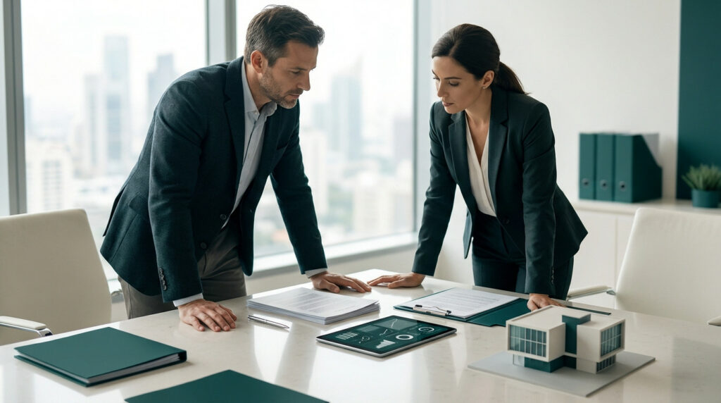 Two professionals discuss property investment, reviewing documents, a tablet with graphs, and a building model in a modern office.