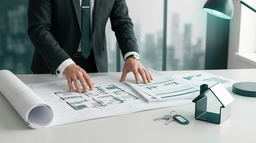 Professional reviews blueprints and financial documents on a modern desk. House model, keys, city skyline. Teal and grey color scheme.