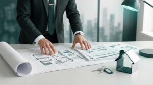 Professional reviews blueprints and financial documents on a modern desk. House model, keys, city skyline. Teal and grey color scheme.