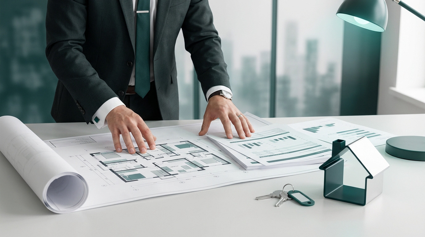 Professional reviews blueprints and financial documents on a modern desk. House model, keys, city skyline. Teal and grey color scheme.