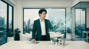 Professional in smart-casual attire uses holographic display for real estate planning, with a model house on a desk.