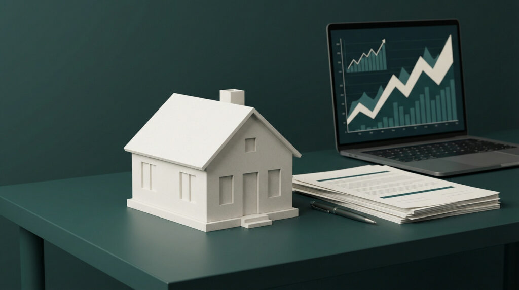 Maquette de maison blanche, ordinateur portable avec graphiques de croissance et documents sur un bureau vert, symbolisant l'investissement immobilier.